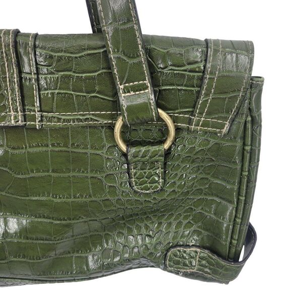 Vintage Green Vegan Faux Croc Shoulder Bag Satchel Gold Buckle Multiple Pockets - Picture 6 of 13